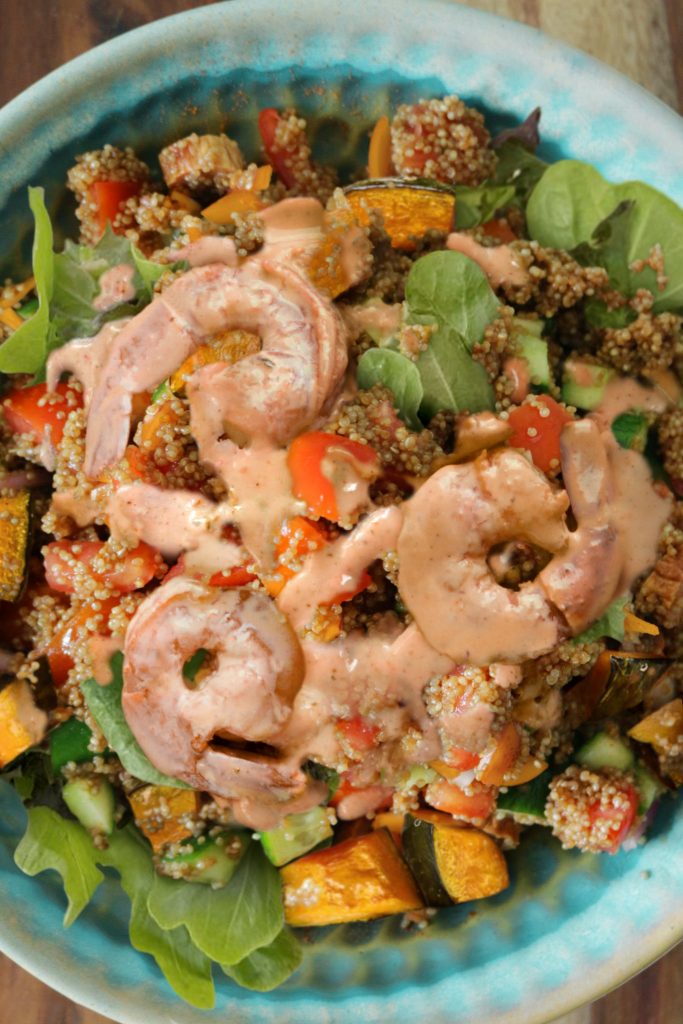 Ensalada de Camarones a la Plancha, Calabaza Kabocha y Amaranto